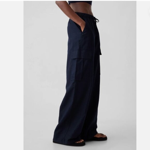 GAP Linen-Cotton Cargo Pull On Wide Leg Pants SMALL TALL Black #855963 RT$80 - Picture 3 of 9